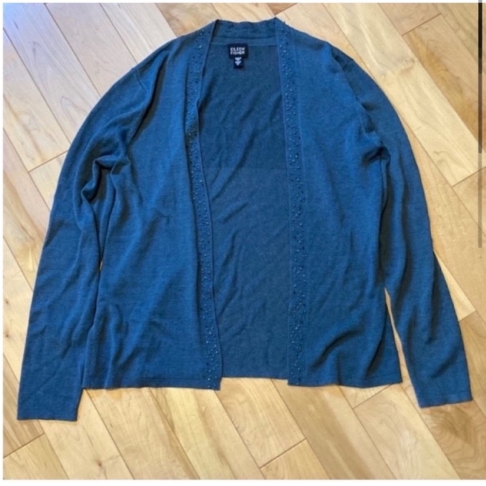 Eileen Fisher Blue Italian yarn embellished open front cardigan Size small